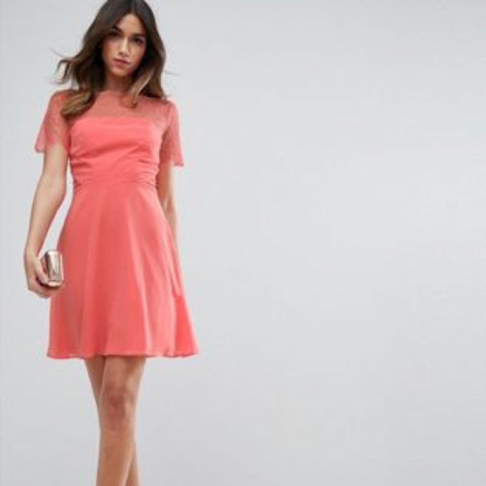 NWT Lace insert paneled mini dress coral